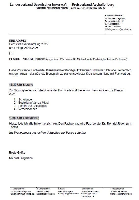 Einladungsschreiben des LBVI Kreisverband Aschaffenburg